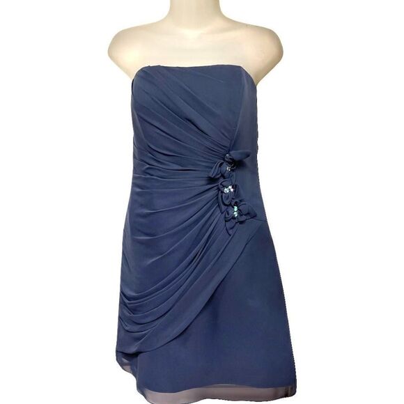 Simone Cavalli Dress Size 12 Ruched Side Strapless Jeweled Navy Blue Cocktail - Picture 1 of 10